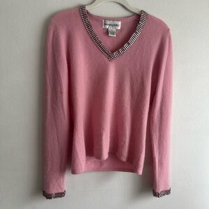 Bloomingdale's Pink V-Neck Sweater with Embellished Edges